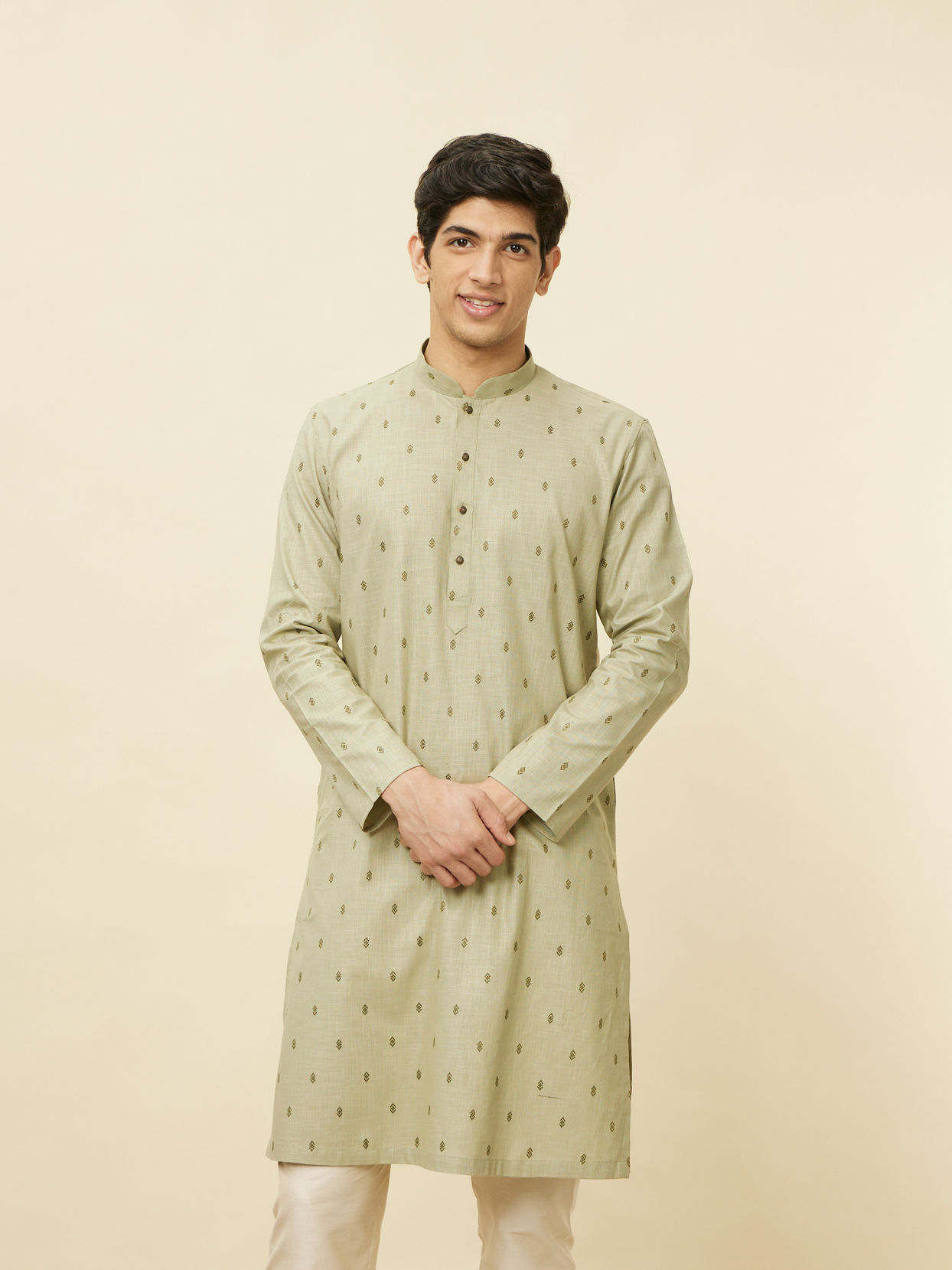 alt message - Manyavar Men Smoke Green Buta Printed Kurta image number 0